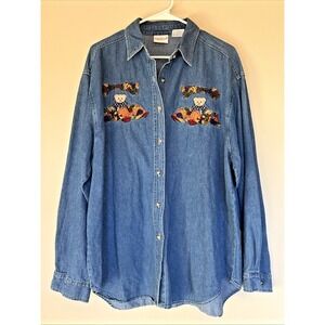 Bobbie Brooks Vintage Embroidered Teddy Bear Pumpkin Fall Denim Button Up Shirt